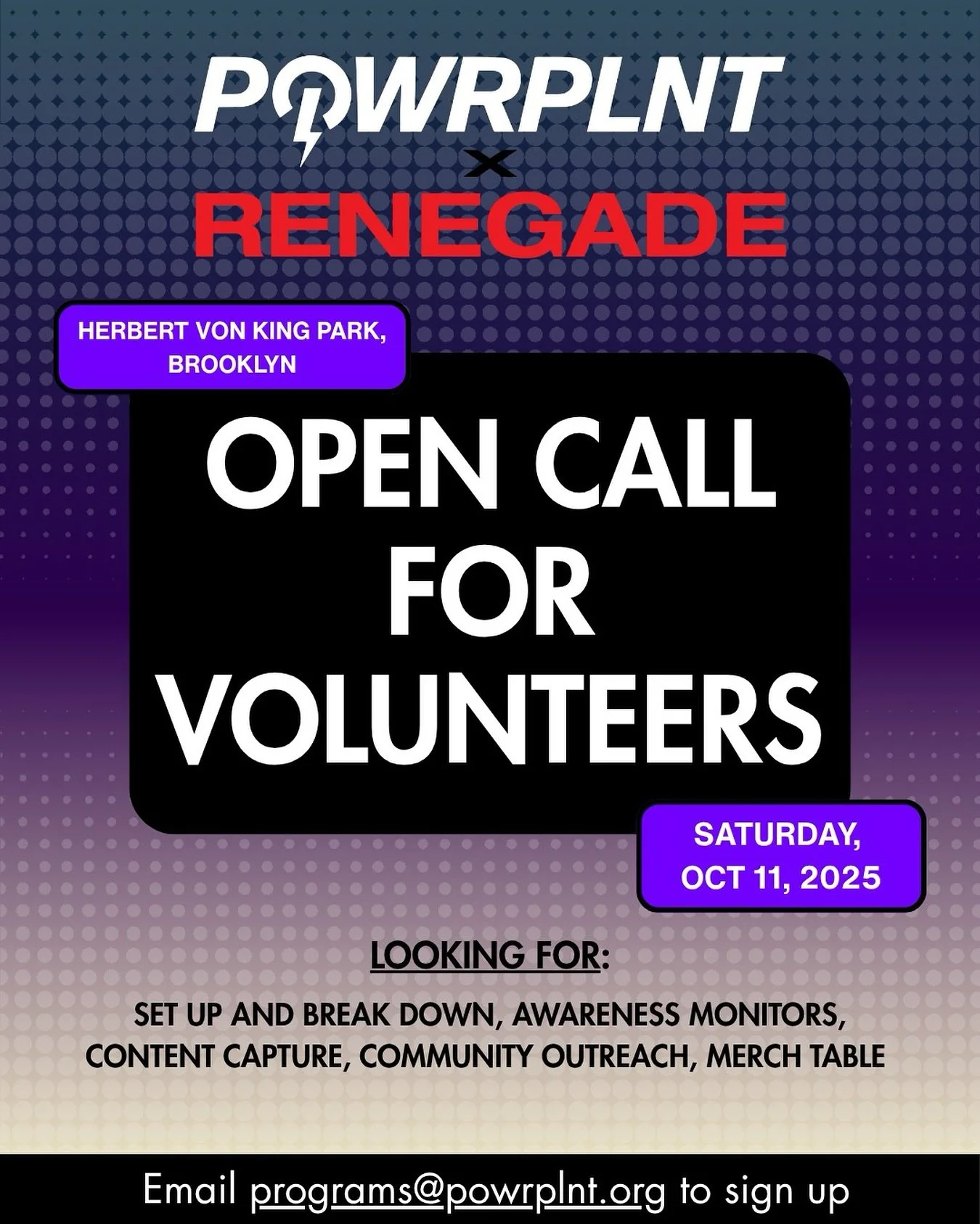 ALL HANDS ON DECK 🤝🚨 Reach out via email or use the form on our link tree to sign up! 
Looking for assistance setting up, breaking down, awareness monitors, content capture, and more.