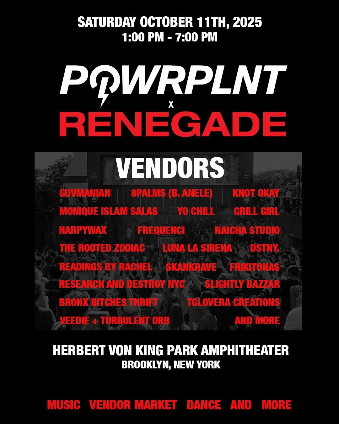Check out the vendors for our upcoming @powrplnt x @renegade.nyc collab, Saturday, OCTOBER 11th, at Herbert Von King Park Amphitheater 🚨🚨

Enjoy an afternoon outside with music, movement, and community. Some of our favorite local icons will be vend