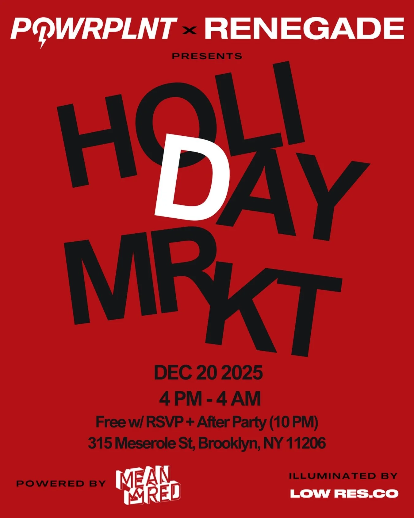 The moment is finally here!! RSVP in bio 🔗
POWRPLNT is collaborating with @renegade.nyc to bring the community an iconic Holiday Mrkt + Rave > NEXT SATURDAY, DEC 20th, at a secret venue in Brooklyn, NY.

Shop, sip, mingle, and move with us from 4