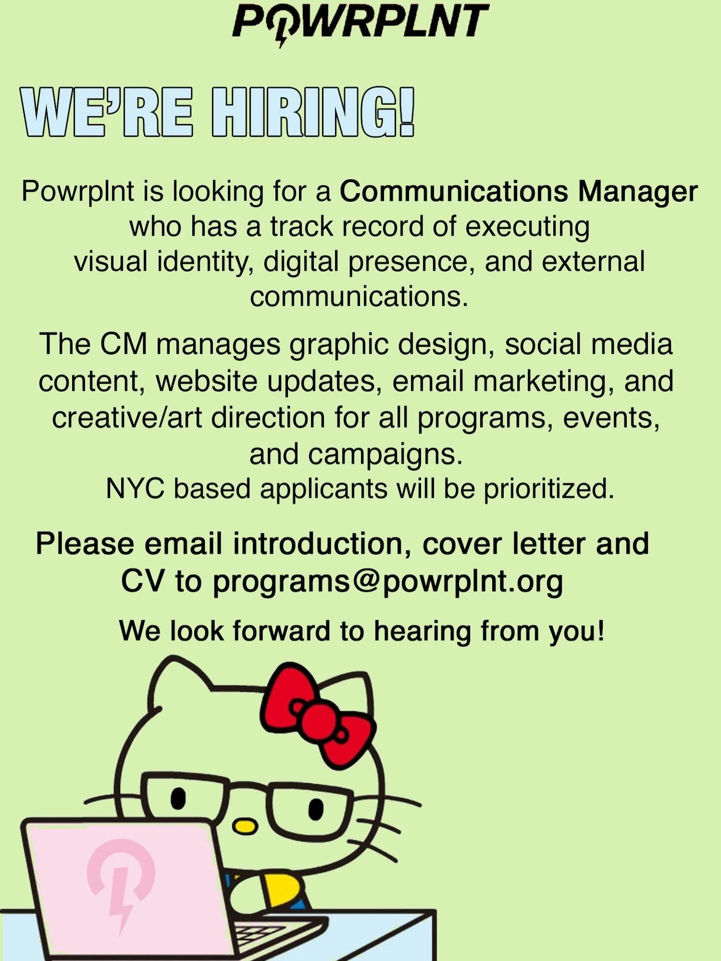 Hi friends, PowrpInt is looking for a Communications Manager who has a track record of executing visual identity, digital presence, and external communications.

The CM manages graphic design, social media content, website updates, email marketing, a