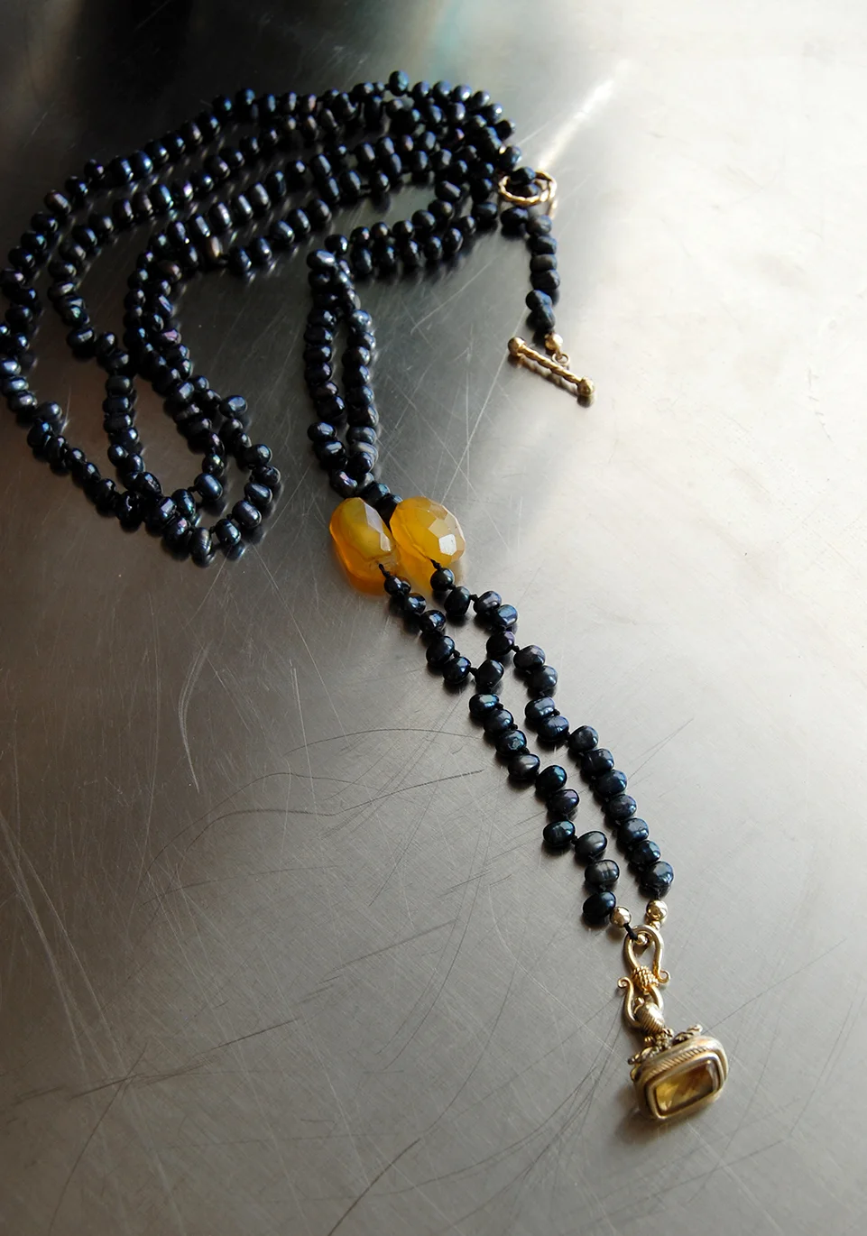 Extra Long Dark Blue Pearls with Antique Citrine Fob
