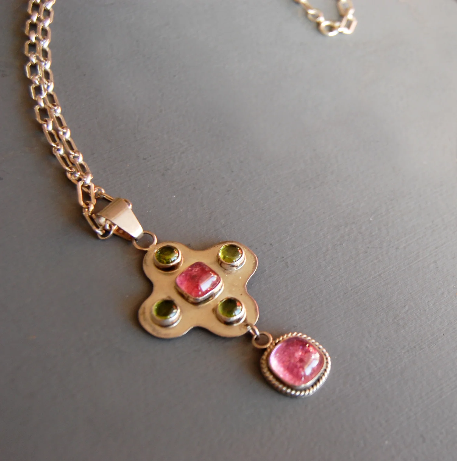 Pink Tourmaline & Peridot Cross Pendant