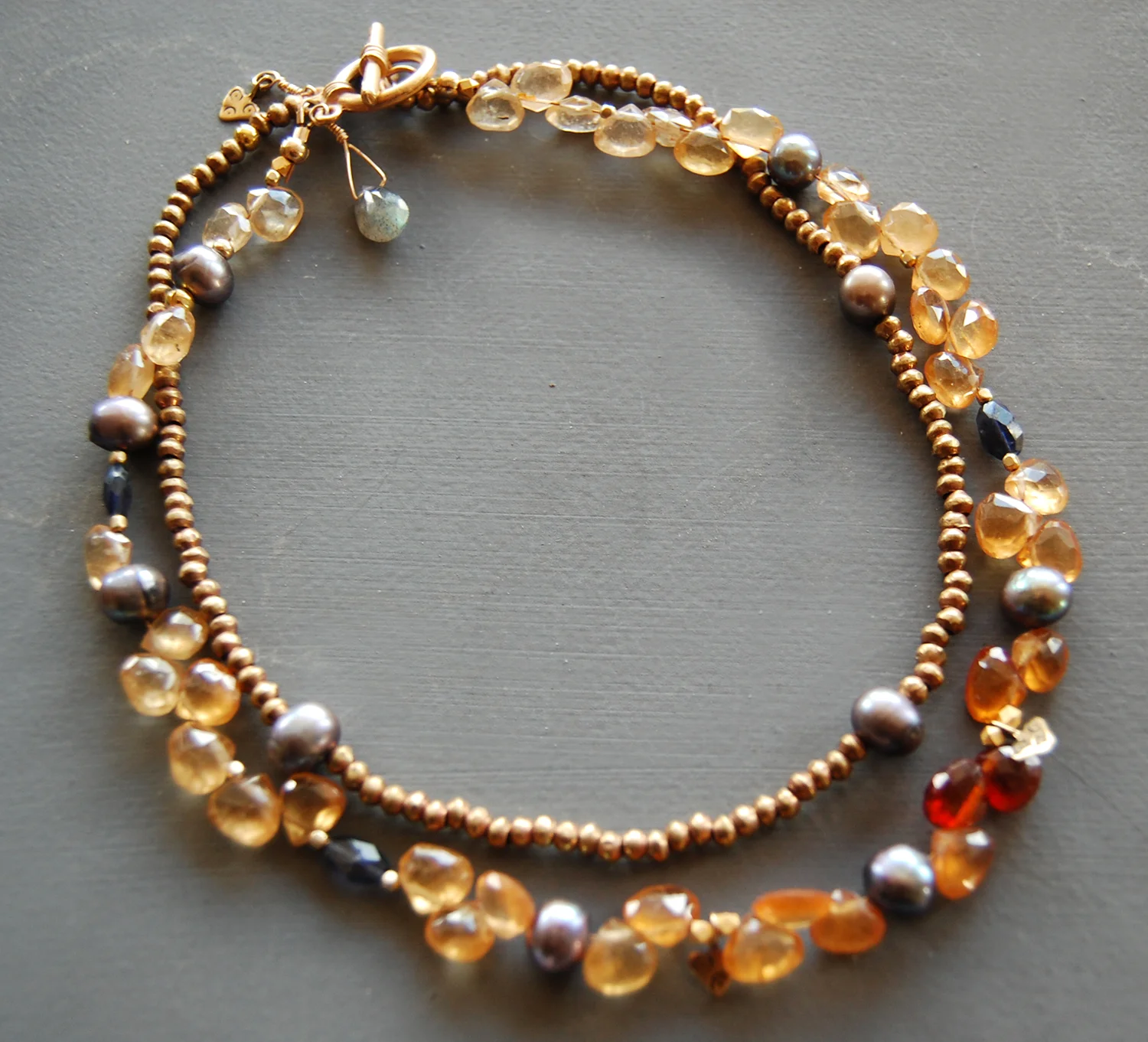 Golden Hessonite Garnet, Gray Pearl & Antique Beads