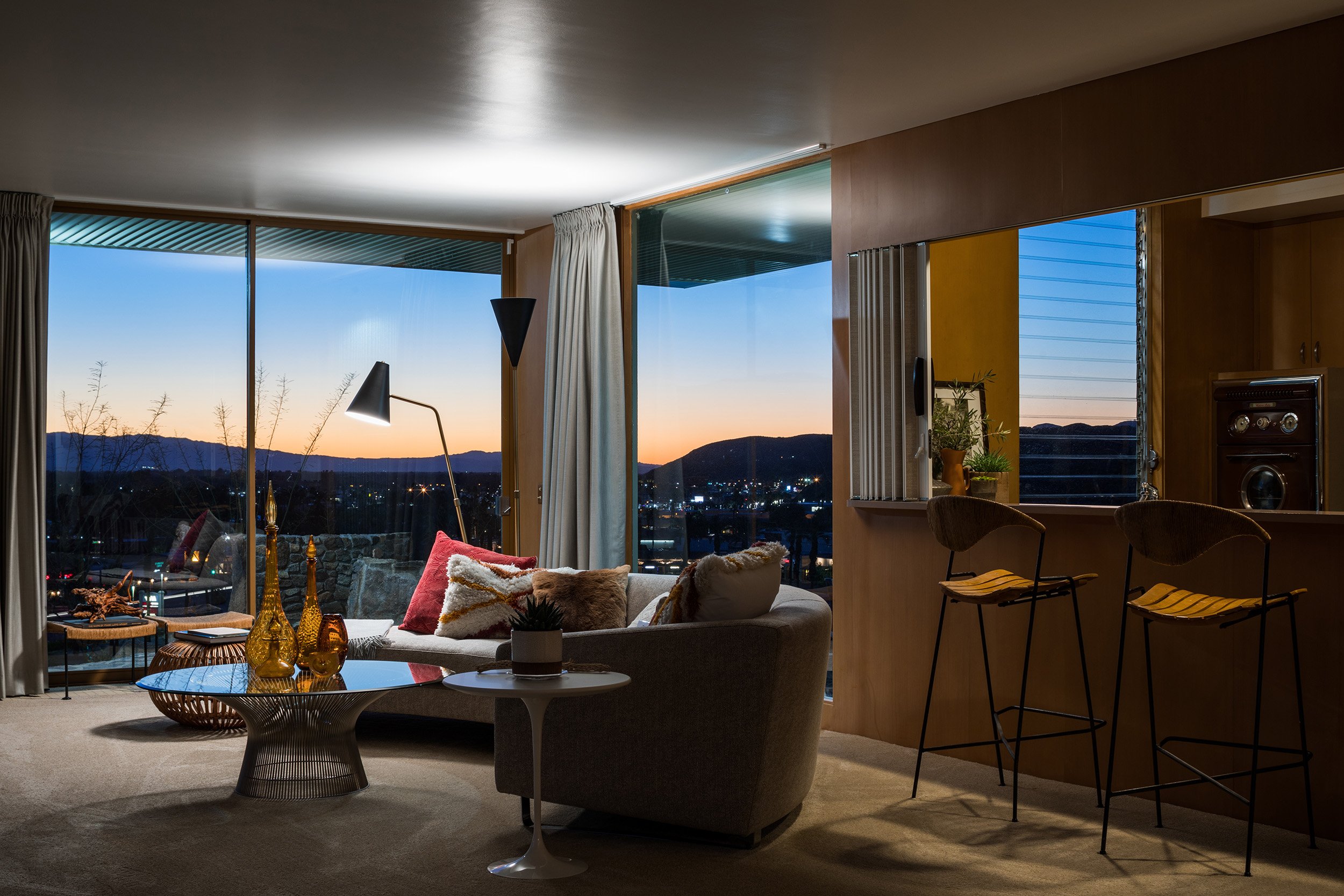  Palm Springs, California - A.K.A. “The Forgotten Frey,” built by Albert Frey in 1955, meticulously restored to its original condition in 2019. Sunrise view from the living room looking east toward the Salton Sea. 