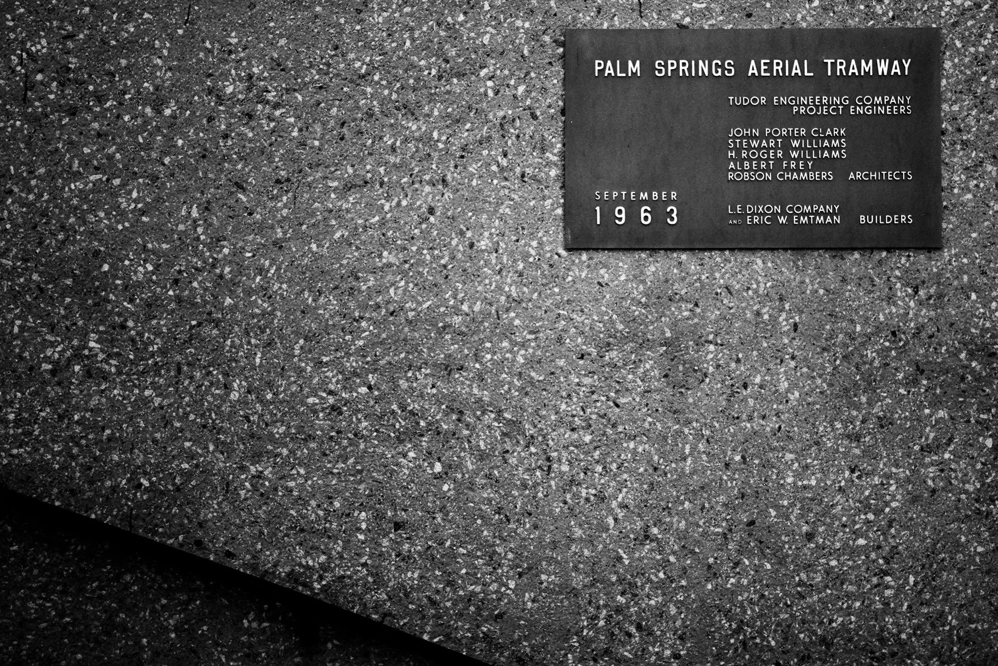 Palm Springs Aerial Tramway historic plaque on black and white film
