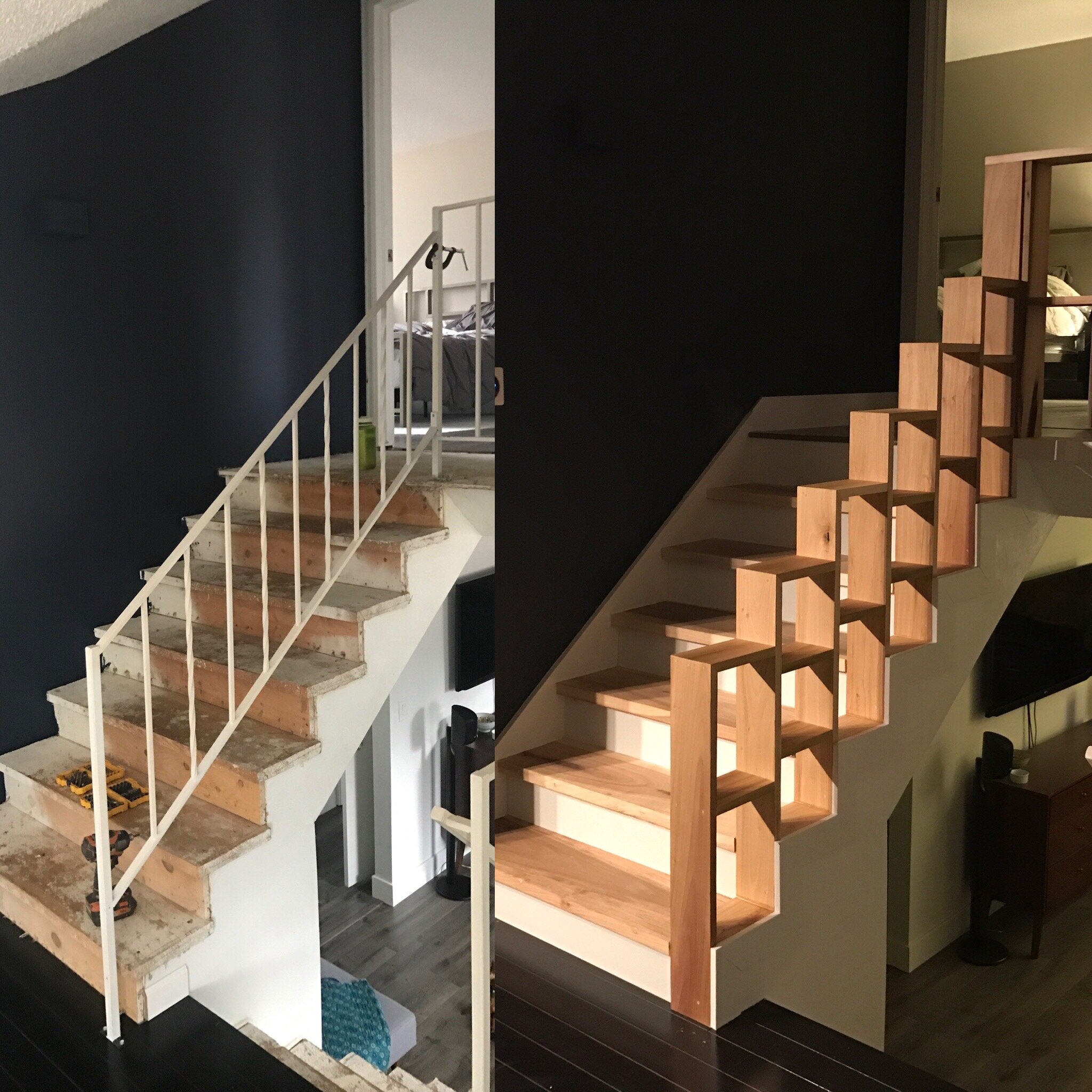  Unfinished, previously carpeted stairs with an outdoor railing inside?! I think not! Upgrade to custom poplar stairs and a matching poplar bookshelf stair railing. 