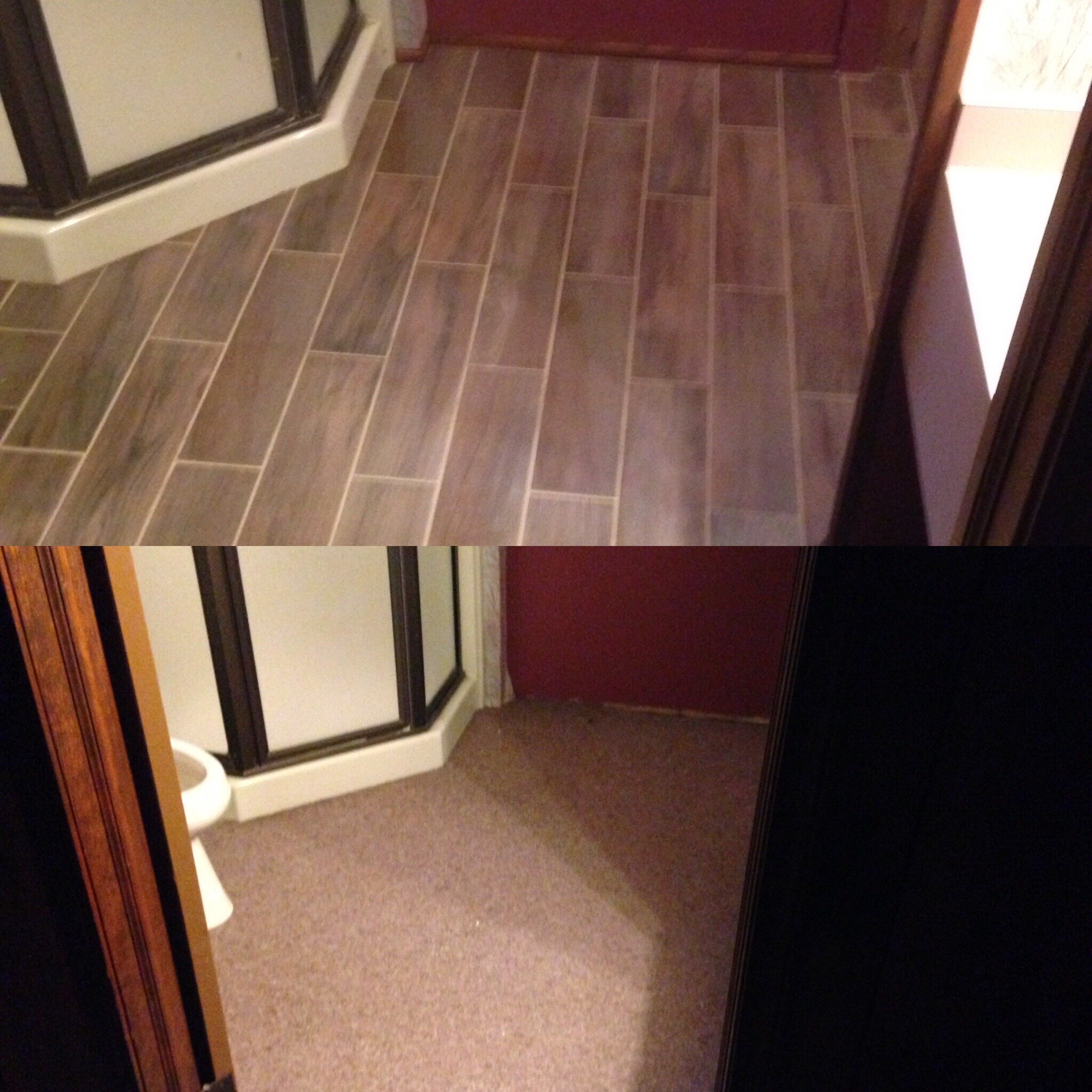  Simple flooring change in a basement bathroom, carpet in a bathroom?! Bad idea, how about some porcelain wood grain tile. 