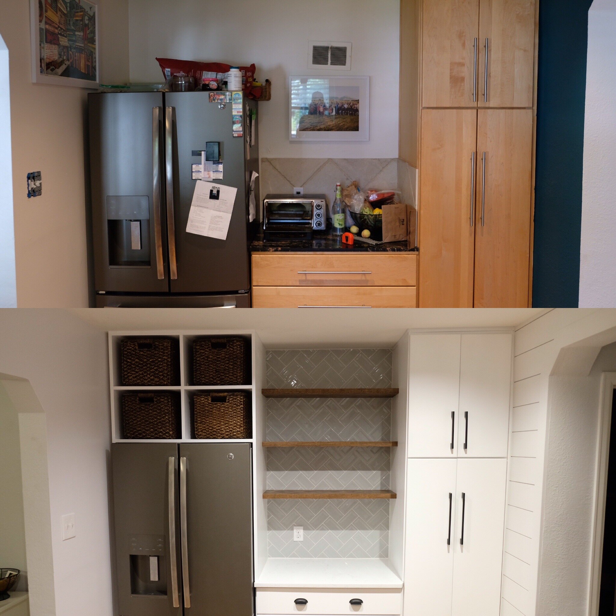 Kitchen Facelift, painted cabinets, new backsplash and countertop, shelving add 