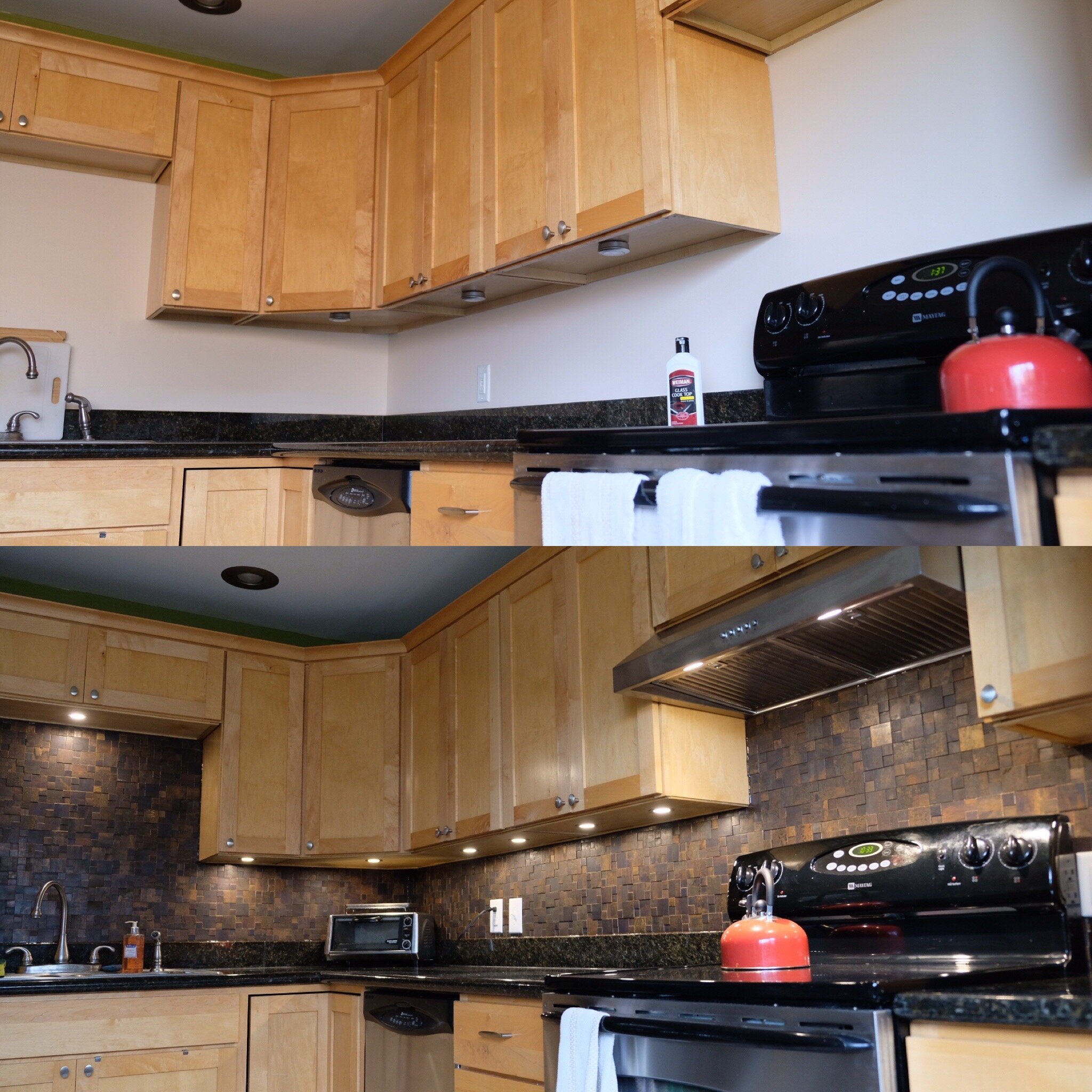  Not every kitchen needs a full remodel, in this one I stained 1/8” birch panel to match the cabinets, and installed them as bottom cover panels with flush mount lighting and a new backsplash. 