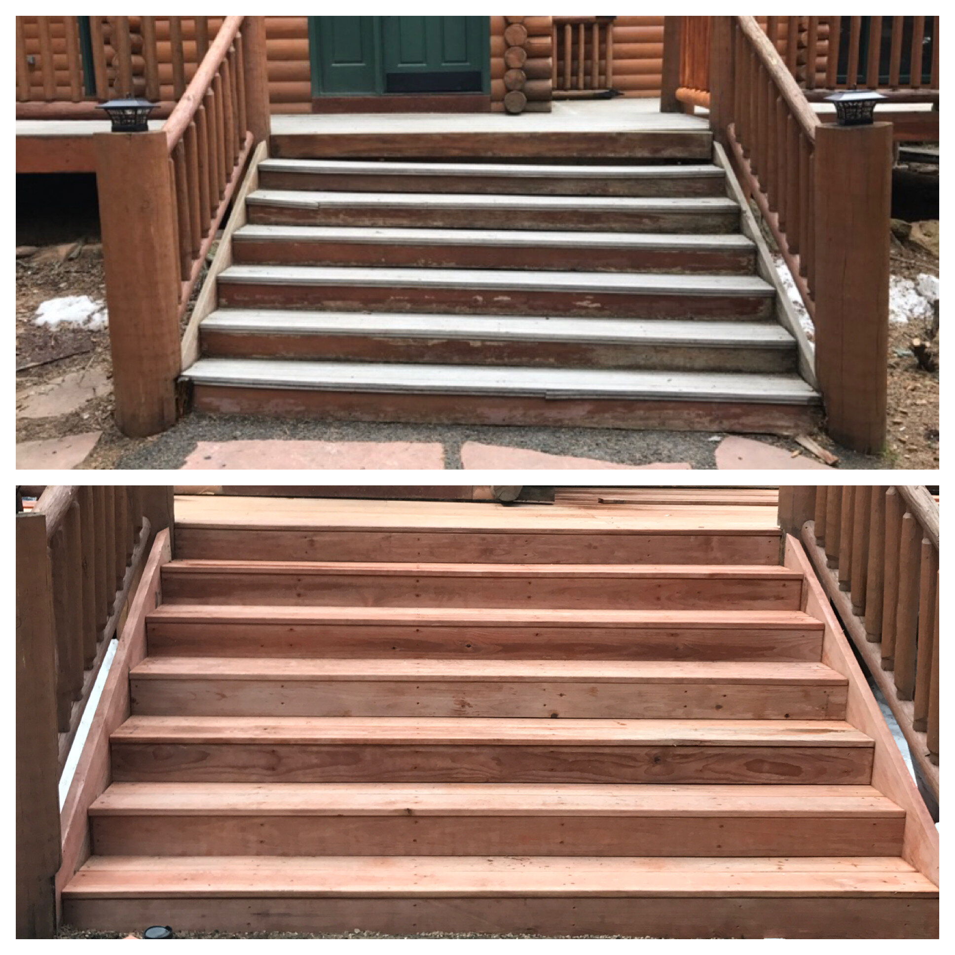  Sagging deck stairs torn out and leveled out, shored up and stained. 