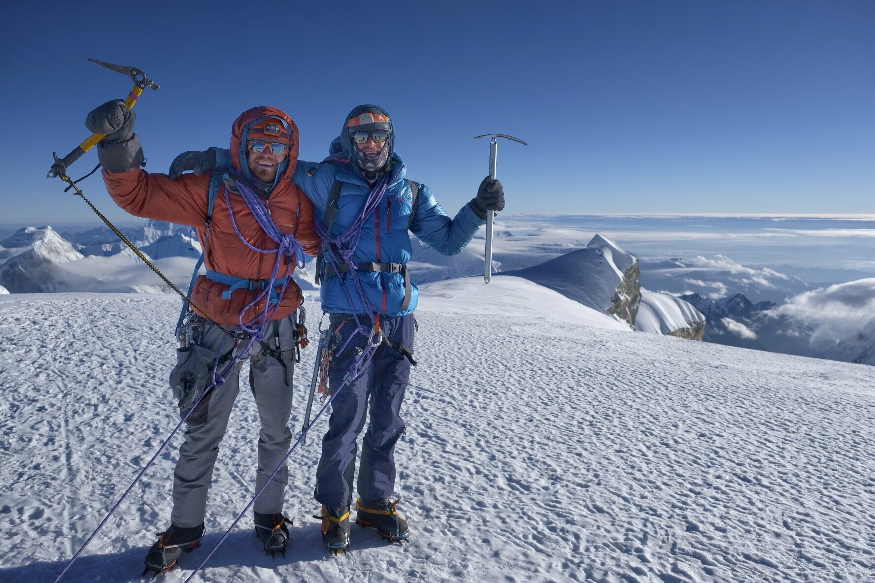  On the summit of Huascaran Sur, 22,205’ with my climbing partner James Roh. Self supported summit via local transportation only.  