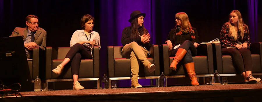 Left to right: Malcolm Alexander, Chlöe Swarbrick, Laura O'Connell Rapira, Emily Beausoleil, and Dannielle Hammond.