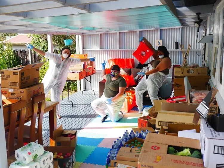 Marlena Martin (Coach), Courtney Cox and Mereana Waata – Kawerau Future Leaders  Kawerau Future Leaders prepping their Care Hampers to safely deliver these out to whānau in need in their community.
