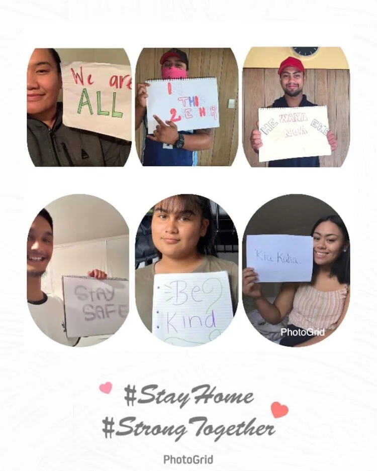 (Clockwise from Top left) Karen ‘Kaz’ Hepi (Coach), Terrain Palmer, Sy Kaaka, Leanora Palmer, Inverness Cowles, &amp; James Pukeroa – Kaikohe Future Leaders  The image above shows the Future Leaders sharing aroha with the Kaikohe community at the very beginning of lockdown – he waka eke noa / we’re all in this together.
