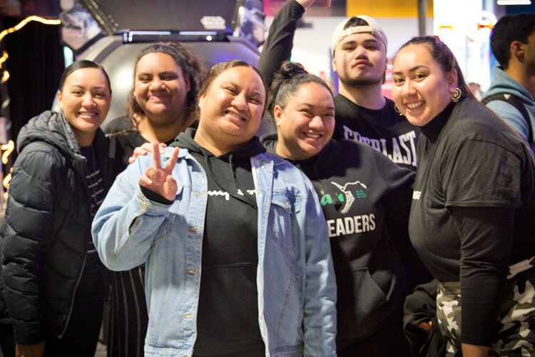Eastern Bay of Plenty Future Leaders at Motion Entertainment in Rotorua.  Marlena, Mereana, Chelsea, Rakeraterataka, Trae from the Kawerau crew, and Kataraina from Whakatāne, and Manuka from Ōpōtiki in the background.