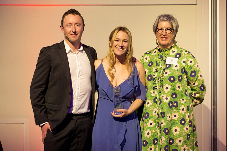 Pictured from left: Guy Ryan, CEO &amp; Founder of Inspiring Stories and The Impact Awards; Jazz Thornton, CEO of Voices of Hope – winner of the Wellbeing Award; and Cath Edmondson from the Health Promotion Agency who sponsored The Impact Award for Wellbeing.