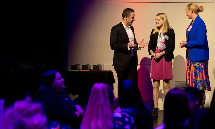 Pictured From left: Guy Ryan, CEO &amp; Founder of Inspiring Stories and The Impact Awards; Sophie Handford, National Coordinator of the School Strike 4 Climate – winner of the Climate Award; and Natasha Lewis who is part of the senior leadership team at the Ministry for the Environment.