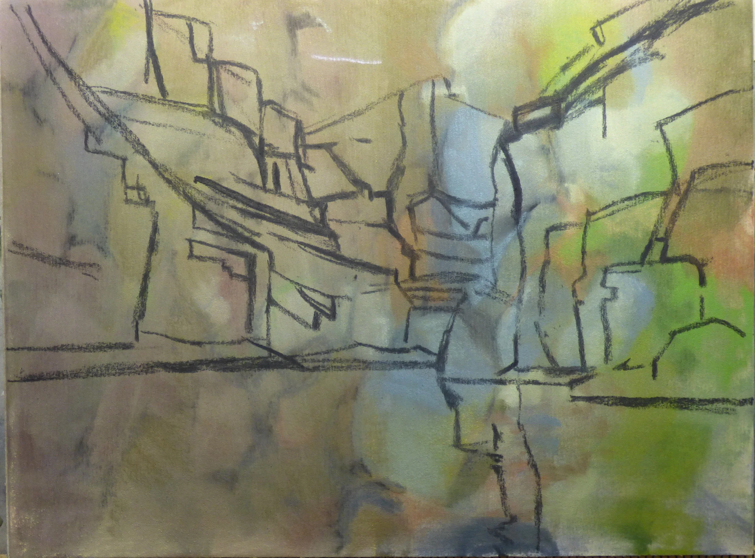Using a recycled 9 x 12 piece of Uart sanded pastel paper I draw in the major shapes with charcoal.