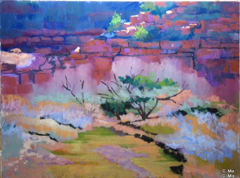 I moved and enlarged some of the foreground shapes and blocked in more subtle colors and values in the rock wall
