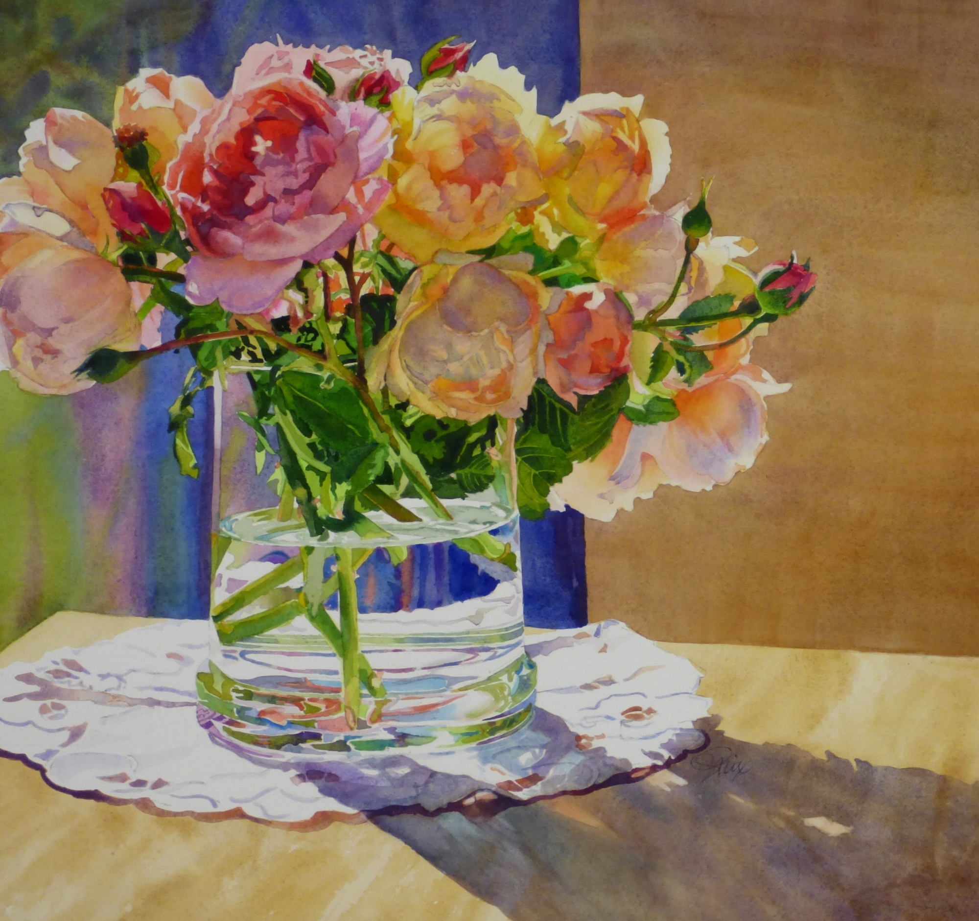 Peach and Cream Cabbage Roses Watercolor 22" x 20"