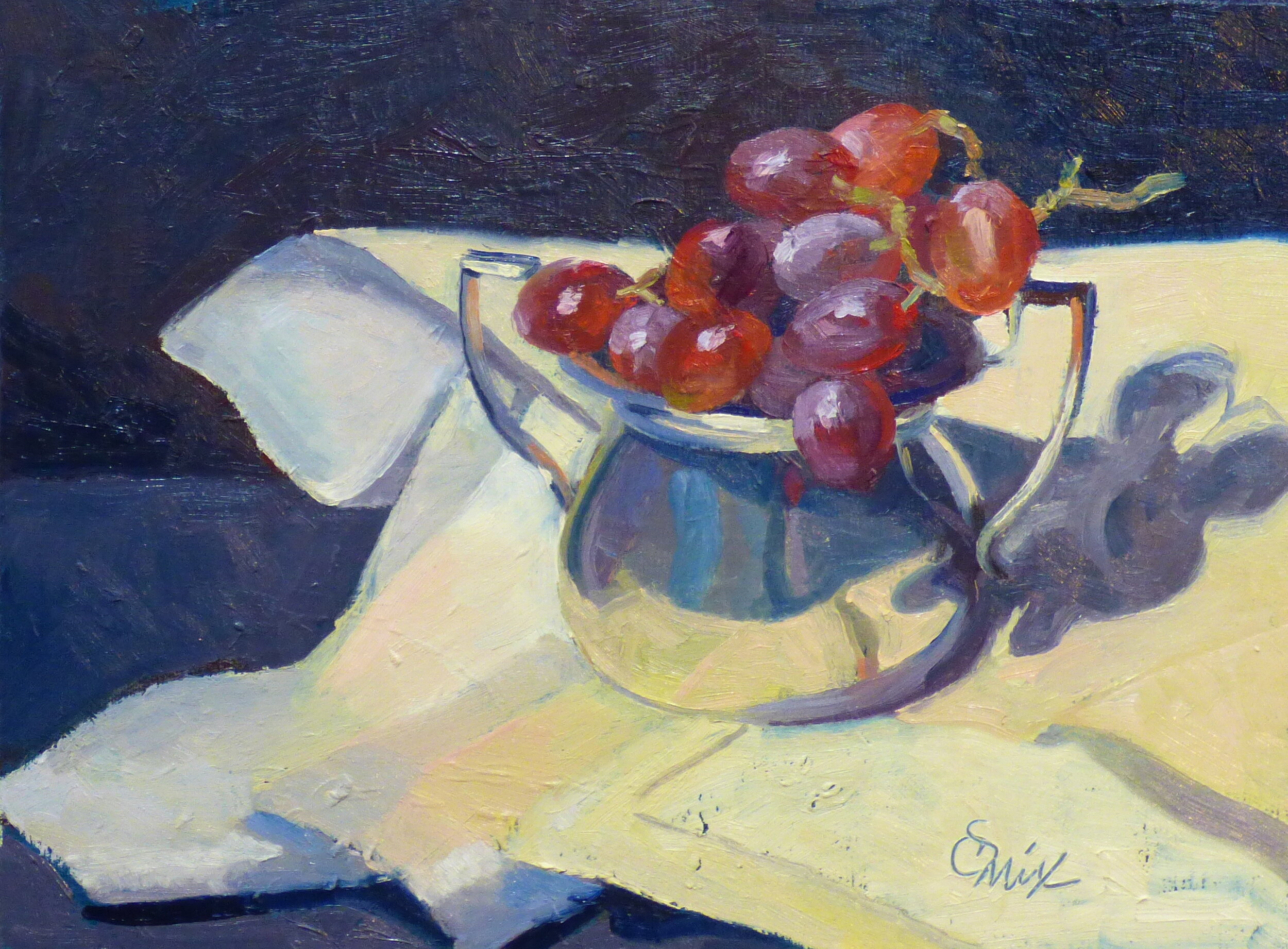 Still life with silver sugar bowl and grapes on damask  $180