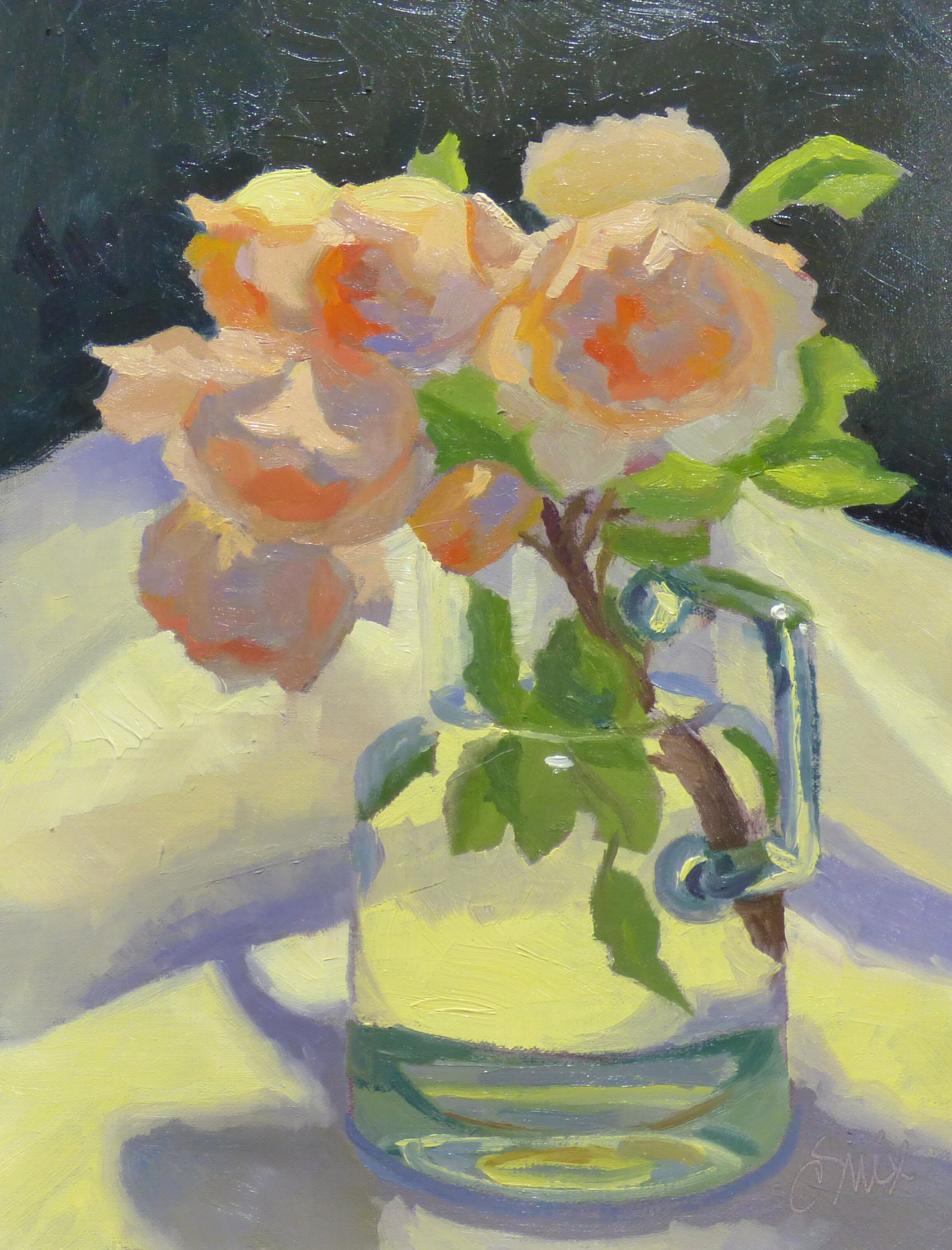 Cabbage roses in a glass pitcher    $400