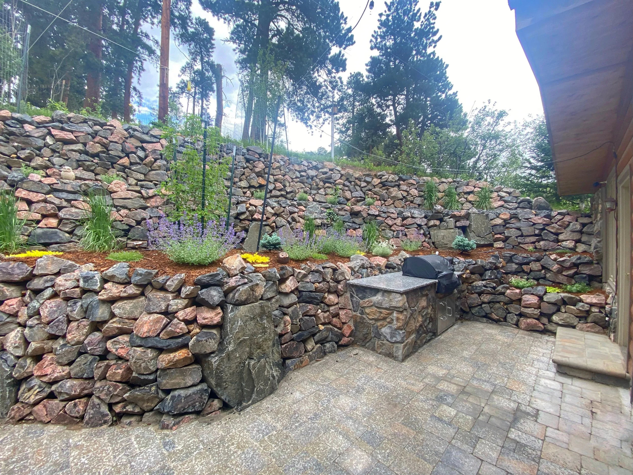 natural mountain backyard with custom stone retaining walls and native plants