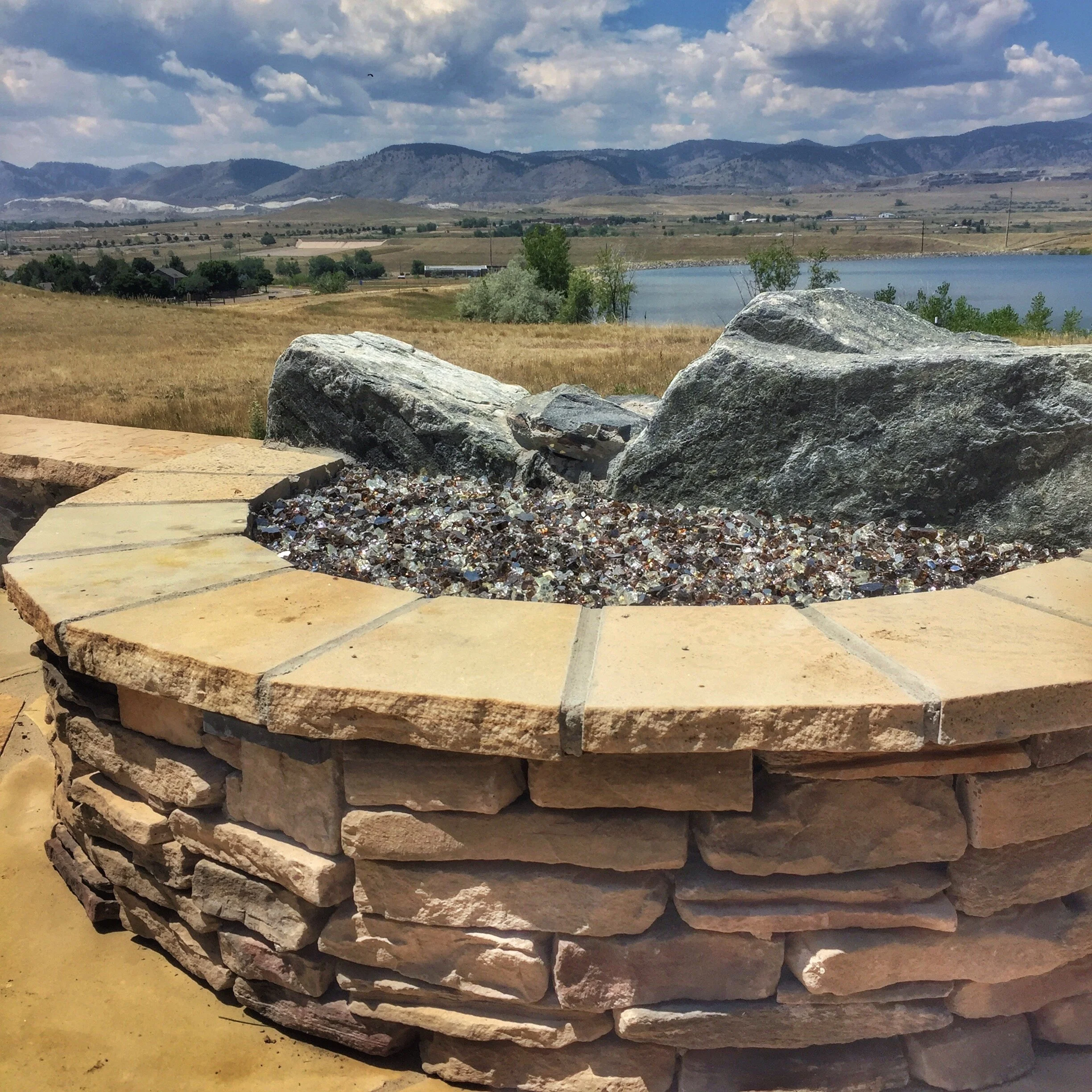custom stone fire pit nice view