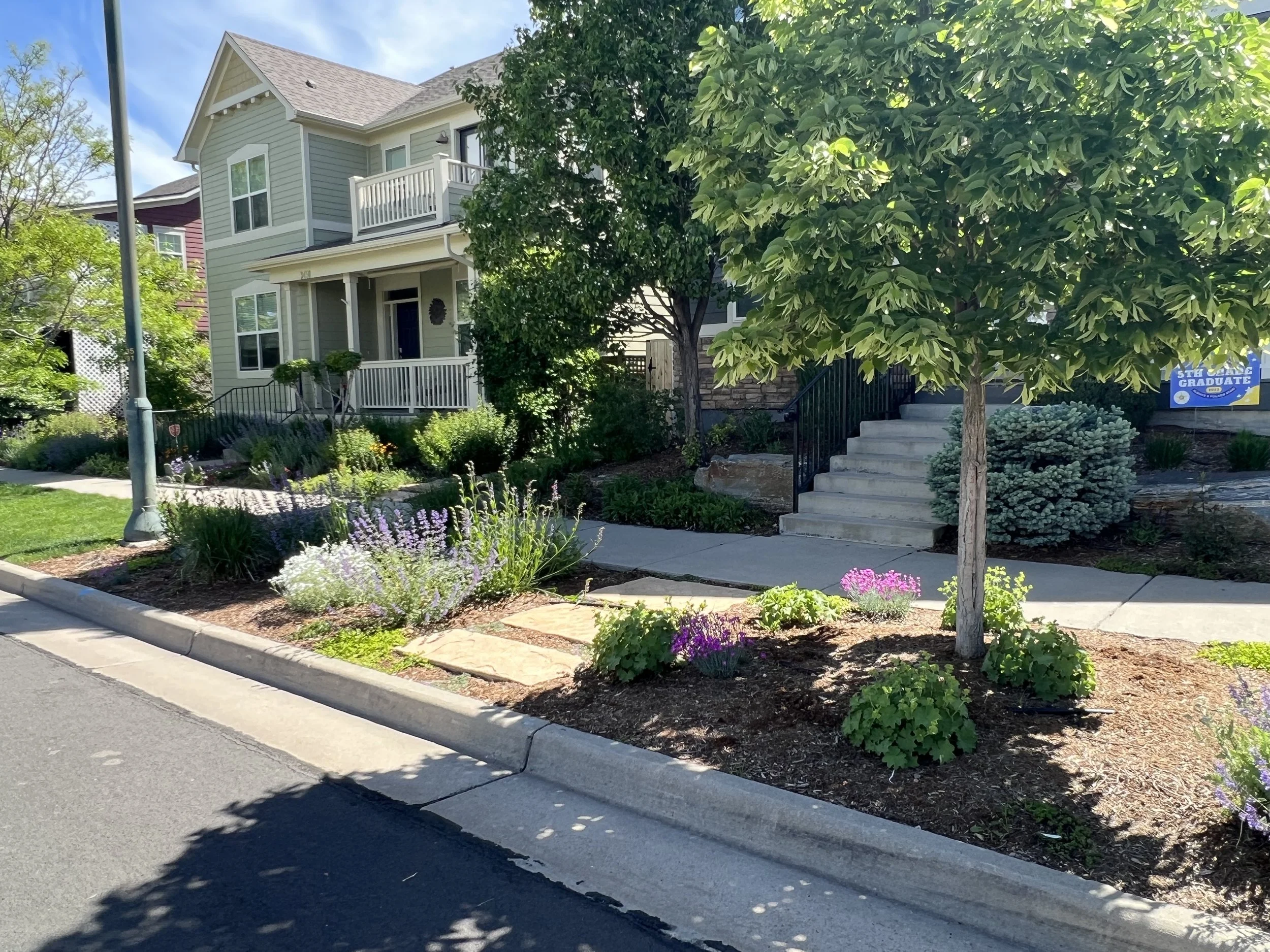 beautiful front yard garden and stone walkway