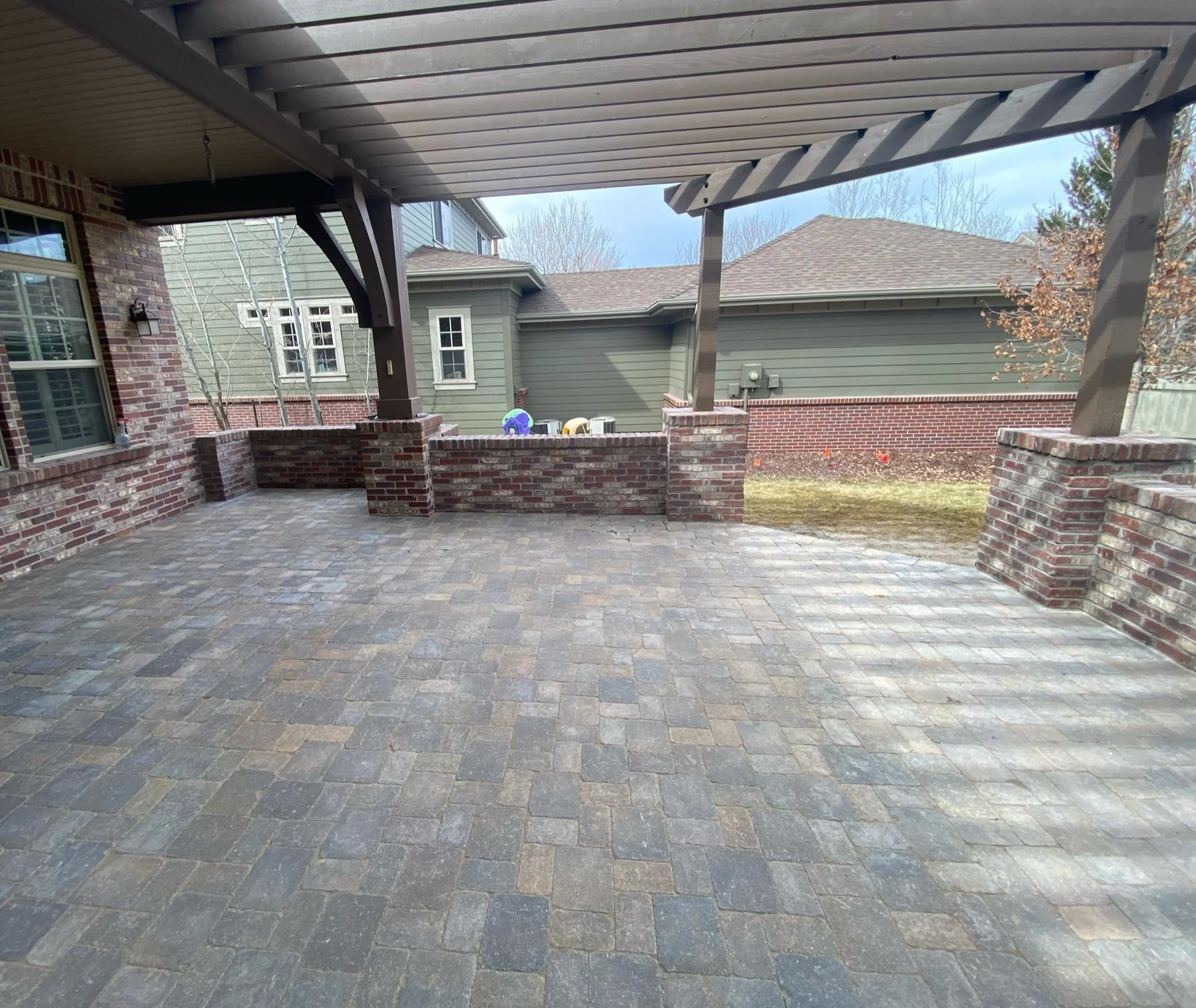 Paver Patio, Painted Pergola, Brick Seat Walls