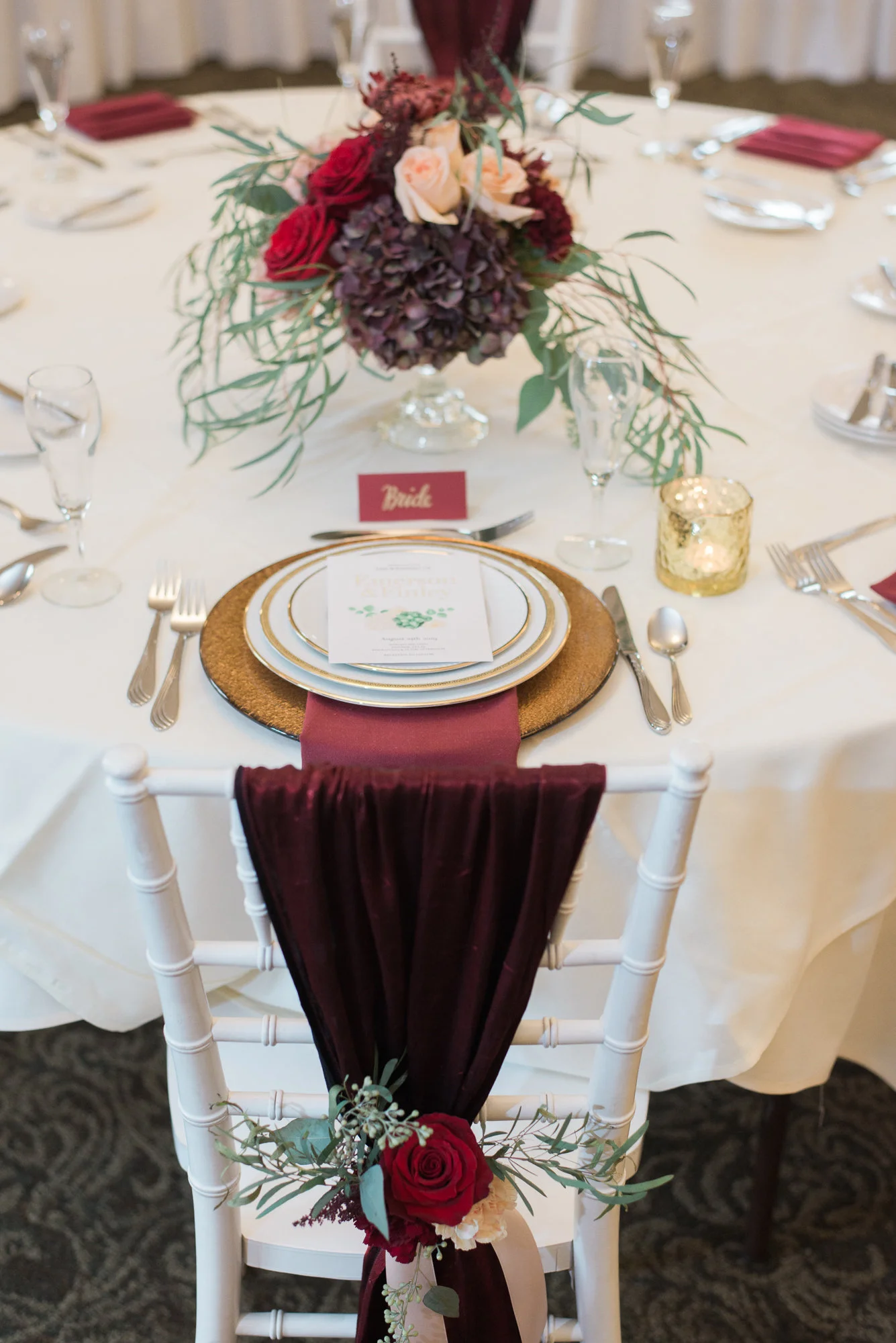 Don't forget the little details, the chairs and fabric swag from Ultimate Events were the perfect compliment to the table setting and flowers! 