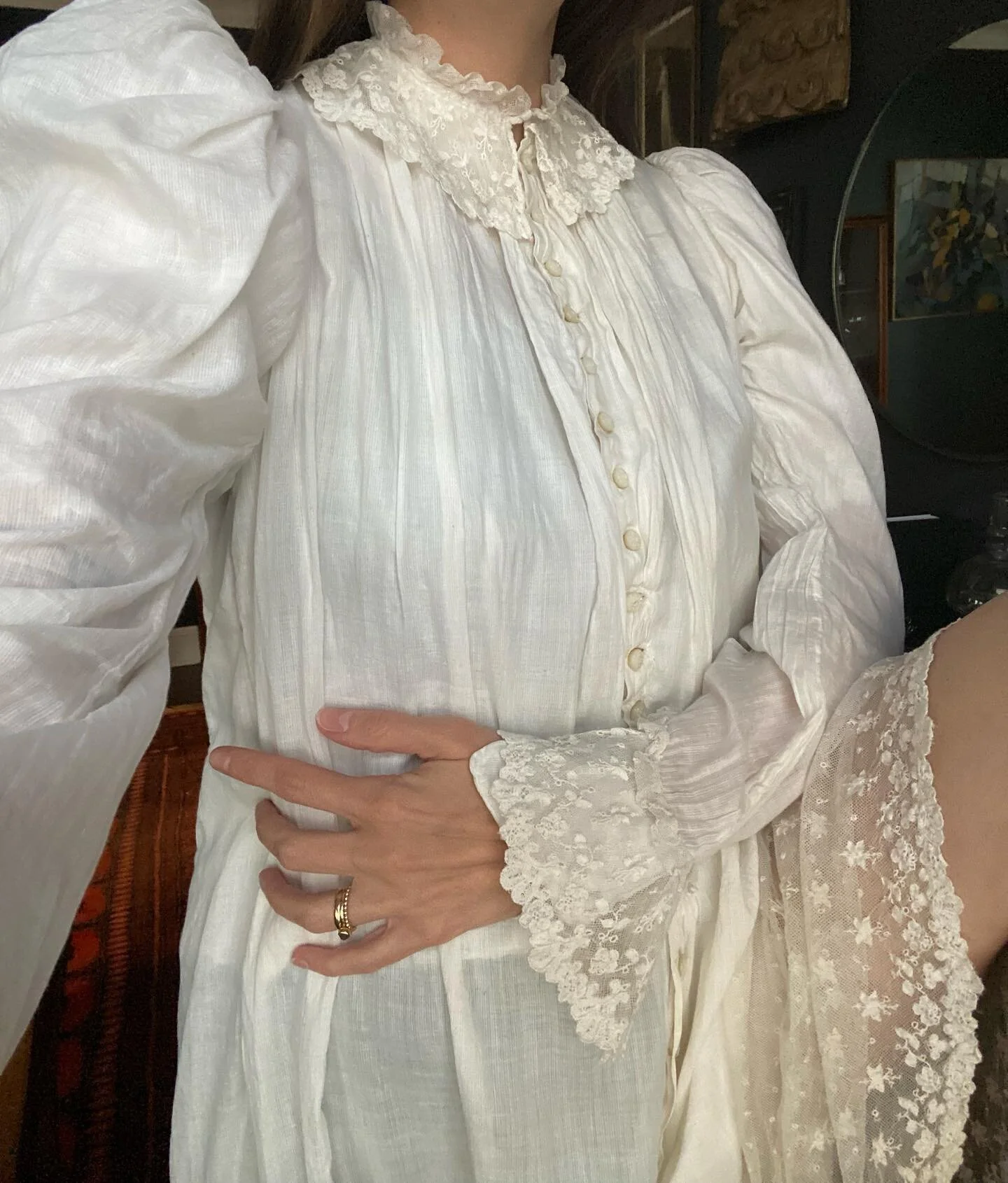 I went picking last weekend for the first time in forever and only expected to find a thing or two, but ended up leaving with a huge haul of perfect condition antique beauties, like this 🕸 the sleeves. All of it. (Update: SOLD)
•
I’ll be