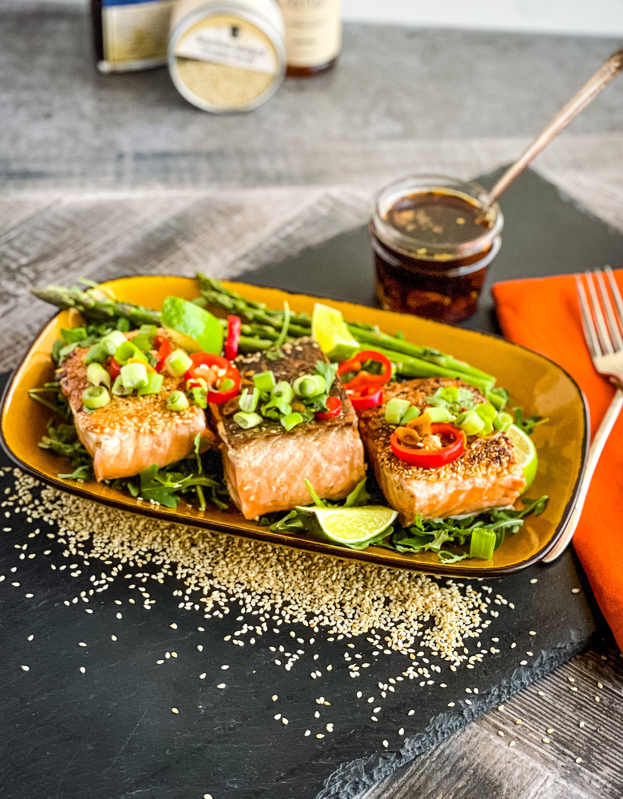 Sesame Crusted Pan Seared Verlasso Salmon With Bluegrass Maple Glaze