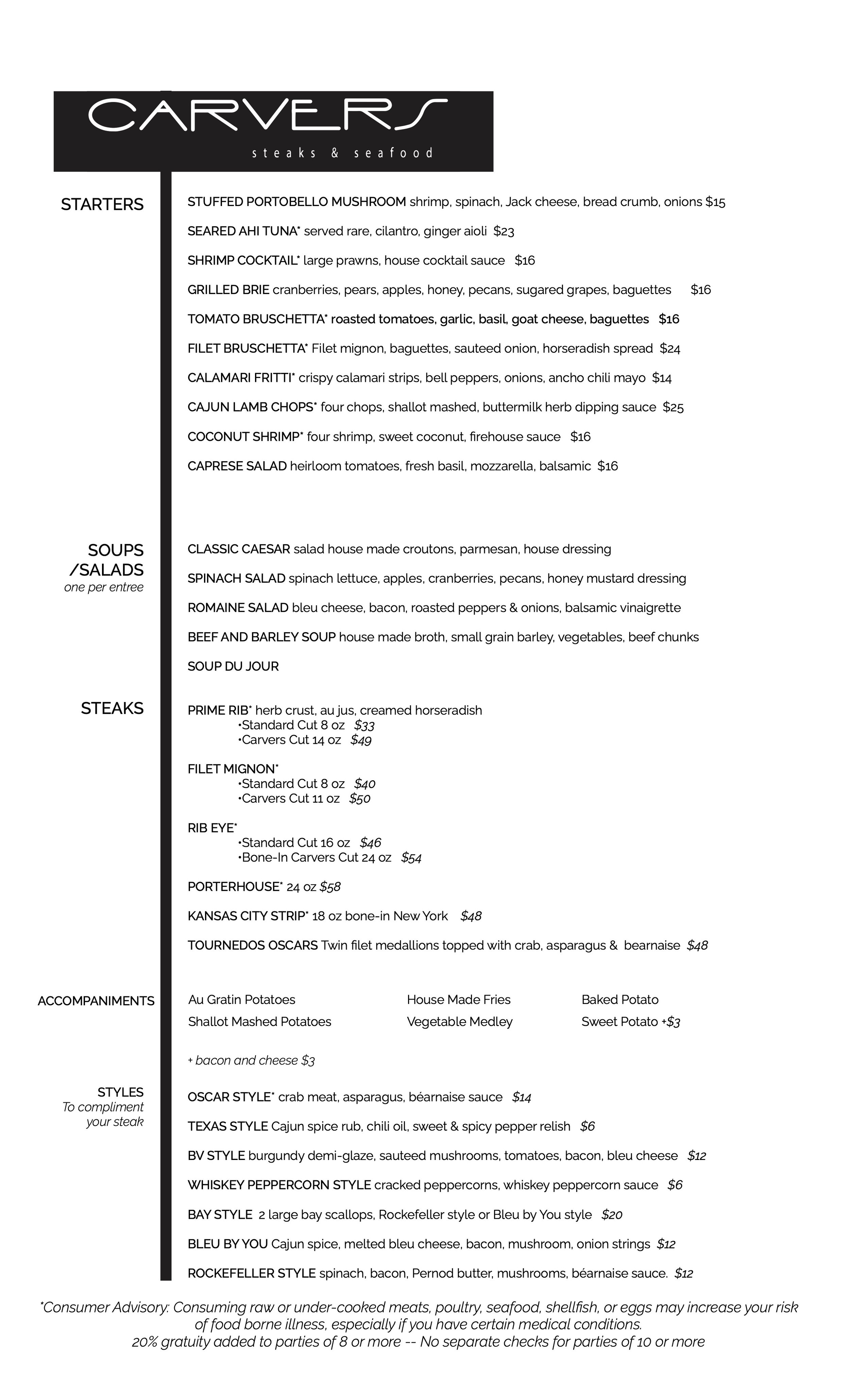 Food Menu — Carvers Steaks & Seafood