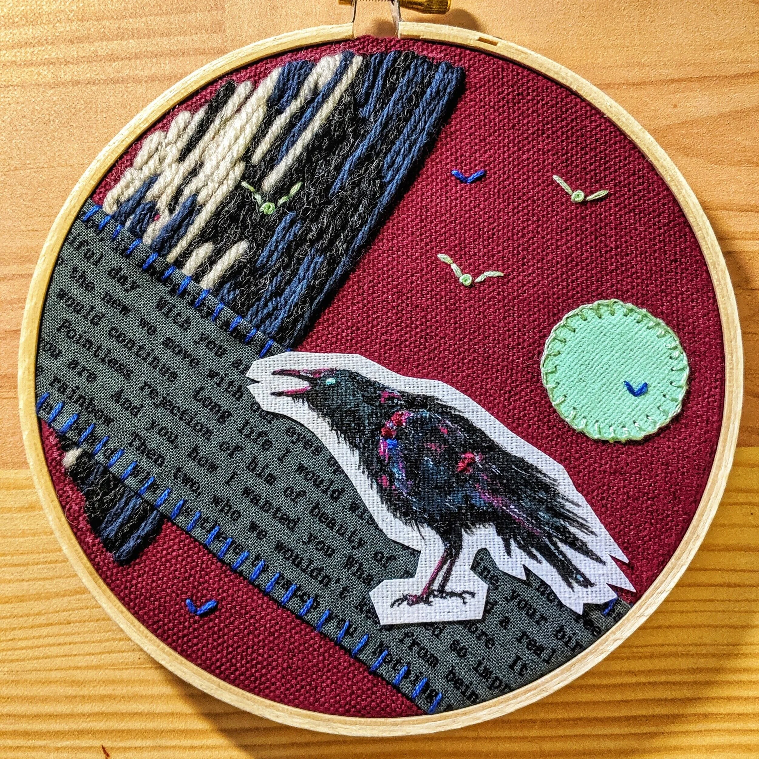 "Quoth the Raven"  Painted and Embroidered 5" Round - $65