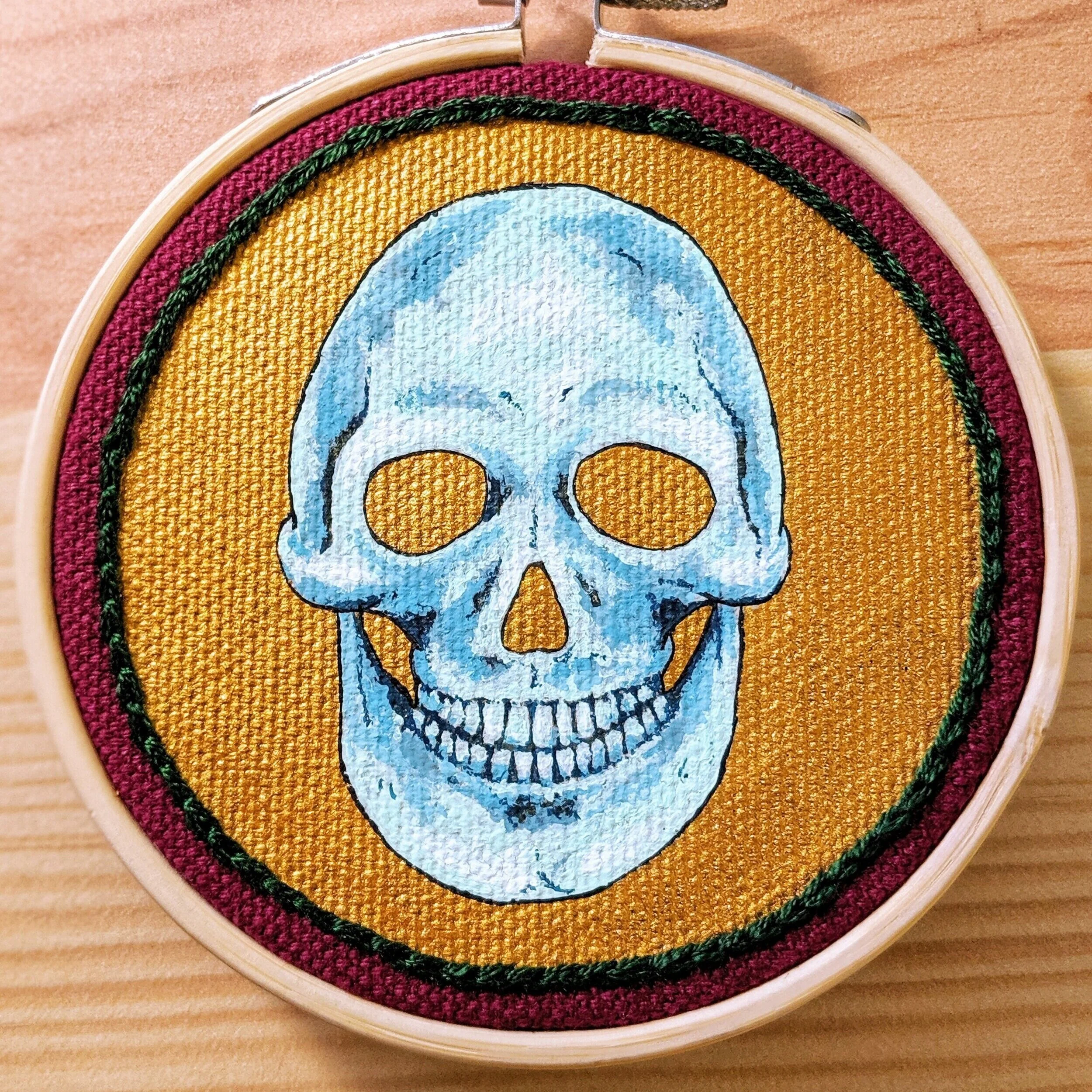 "Skull #1"  Painted and Embroidered 3" Round - $60