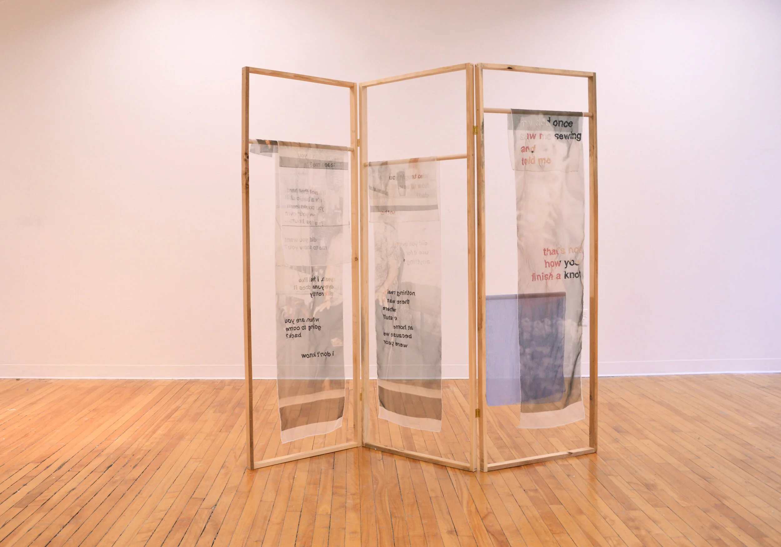  transcript of the embroidered text:  Panel 1: my dad once saw me sewing and told me // that’s not how you finish a knot   Panel 2: Who taught you how to sew, dad? My mother // Did you ever use your skills for anything? // Nothing really. There was a