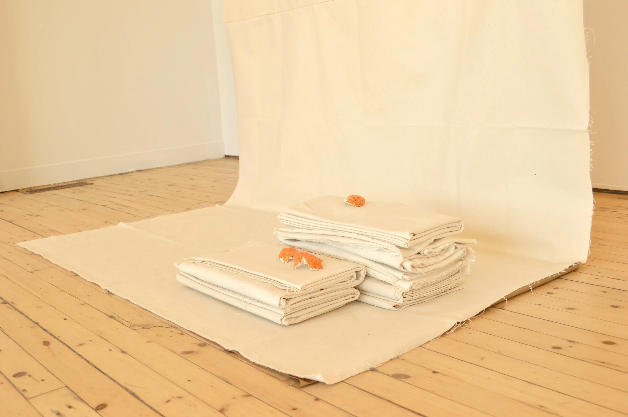  Installation of canvas and ‘Please Help Yourself’, glazed ceramic, a collaboration with Arezu Salamzadeh. 2019-2022 