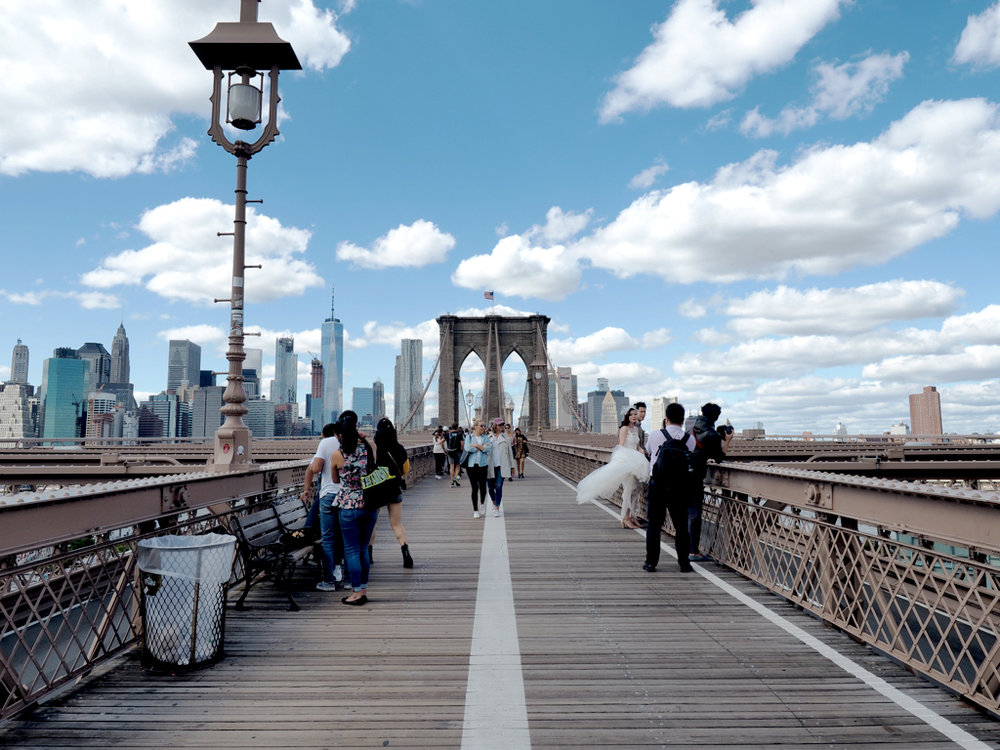  Brooklyn Bridge. This a rare quiet moment on the bridge, which is generally packed with tourists taking selfies or buying fresh fruit from vendor carts. &nbsp;Keep left, or you will be yelled at by an irritable cyclist! 