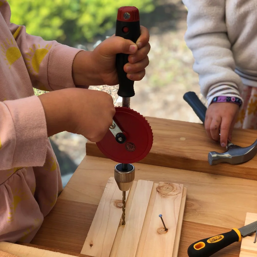 Children Using Hand Drills in Kindergarten Carpentry Activity