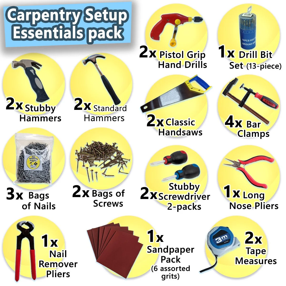 Contents of Carpentry Setup Essentials pack showing 2 hand saws, 2 kids hand drills, 4 clamps, 4 hammers, screwdriver sets, pliers, drill bit set, sandpaper and classroom woodworking supplies