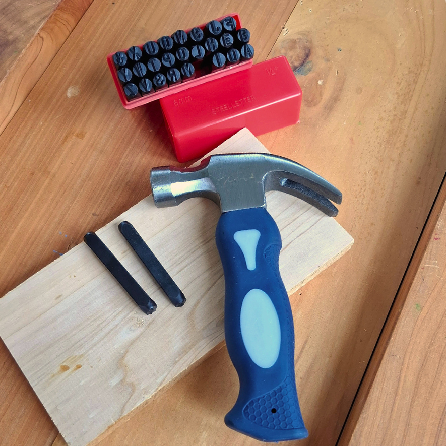 Steel alphabet stamping set with hammer for carpentry, creative making and classroom activities