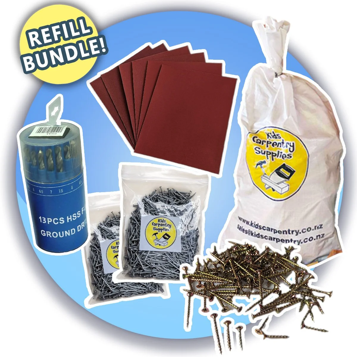 Carpentry Refill Pack for schools and early childhood settings including bulk craft wood, nails, screws, sandpaper and drill bits for childrens woodworking