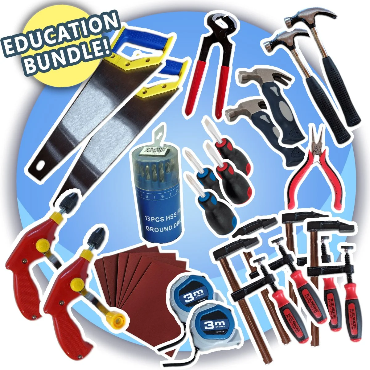 Carpentry Setup Essentials bundle for schools and early learning centres including kids hammers, hand drills, saws, clamps, screwdrivers, pliers, drill bits and classroom woodworking tools