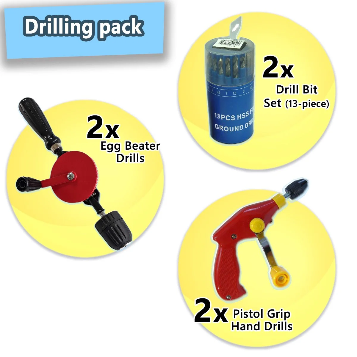 Contents of Carpentry Drilling Pack Showing Hand Drills and Drill Bits for Classrooms