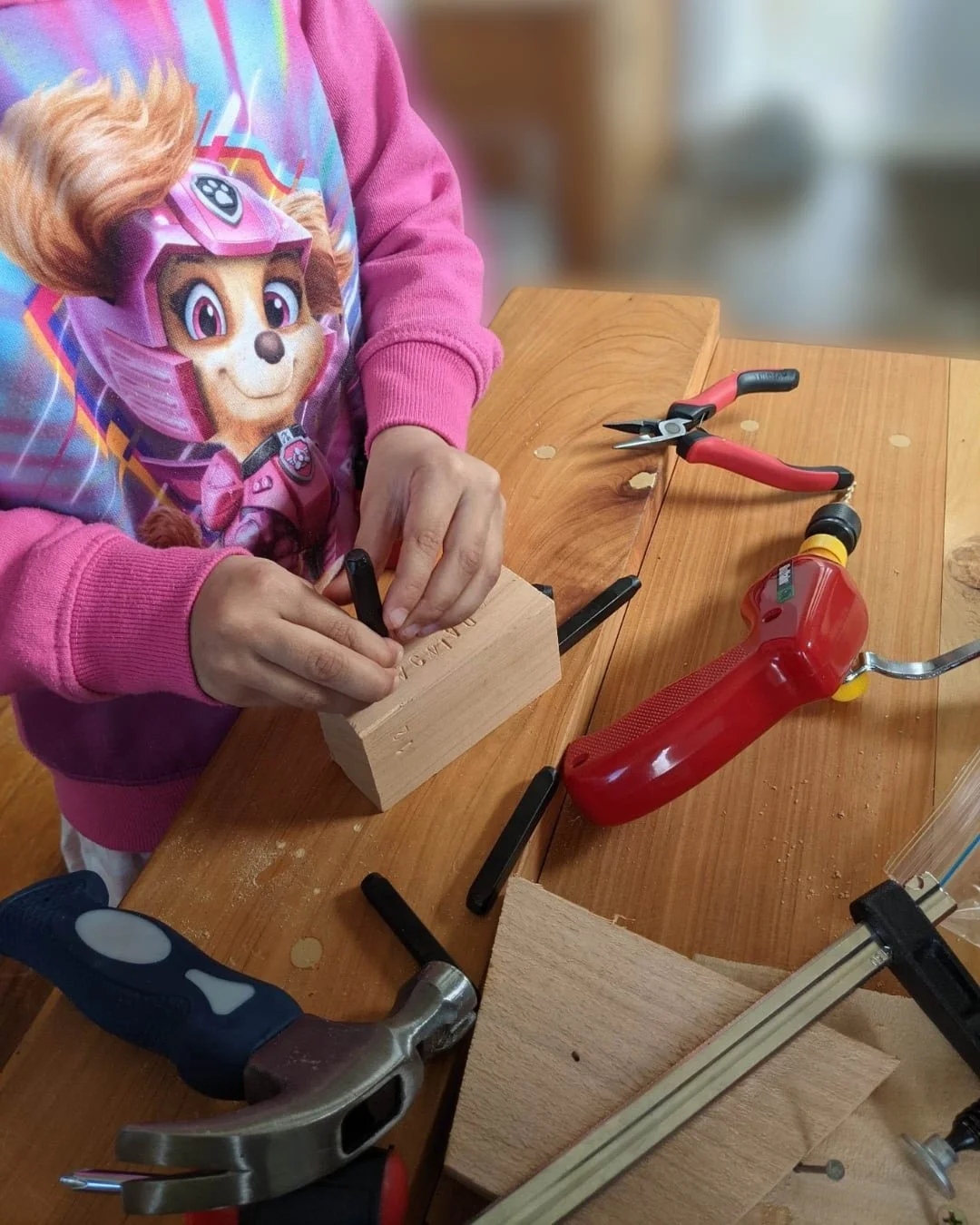 Child using alphabet punches to personalise timber while developing literacy and fine motor skills