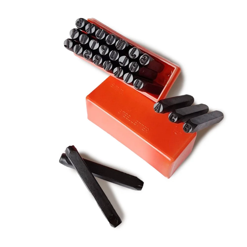Alphabet letter punch set with durable steel stamps and storage case for embossing wood, leather and metal projects