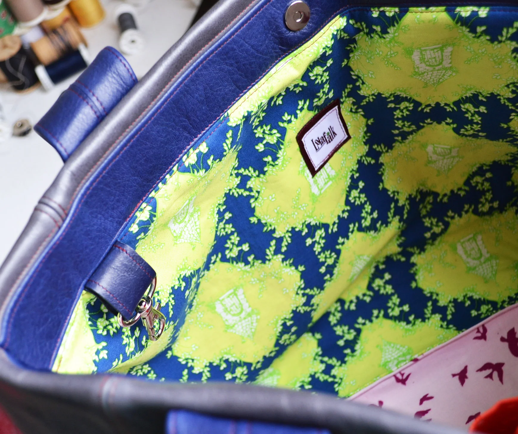 Interior of grey leather laptop tote