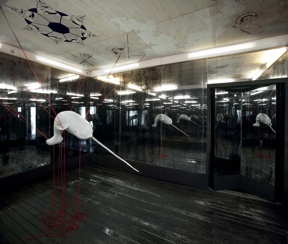 Reckoner , 2009. Wood, mirror, pencil, pen, paint, ribbon, hydraulic system, water. 12' x 16' interior.