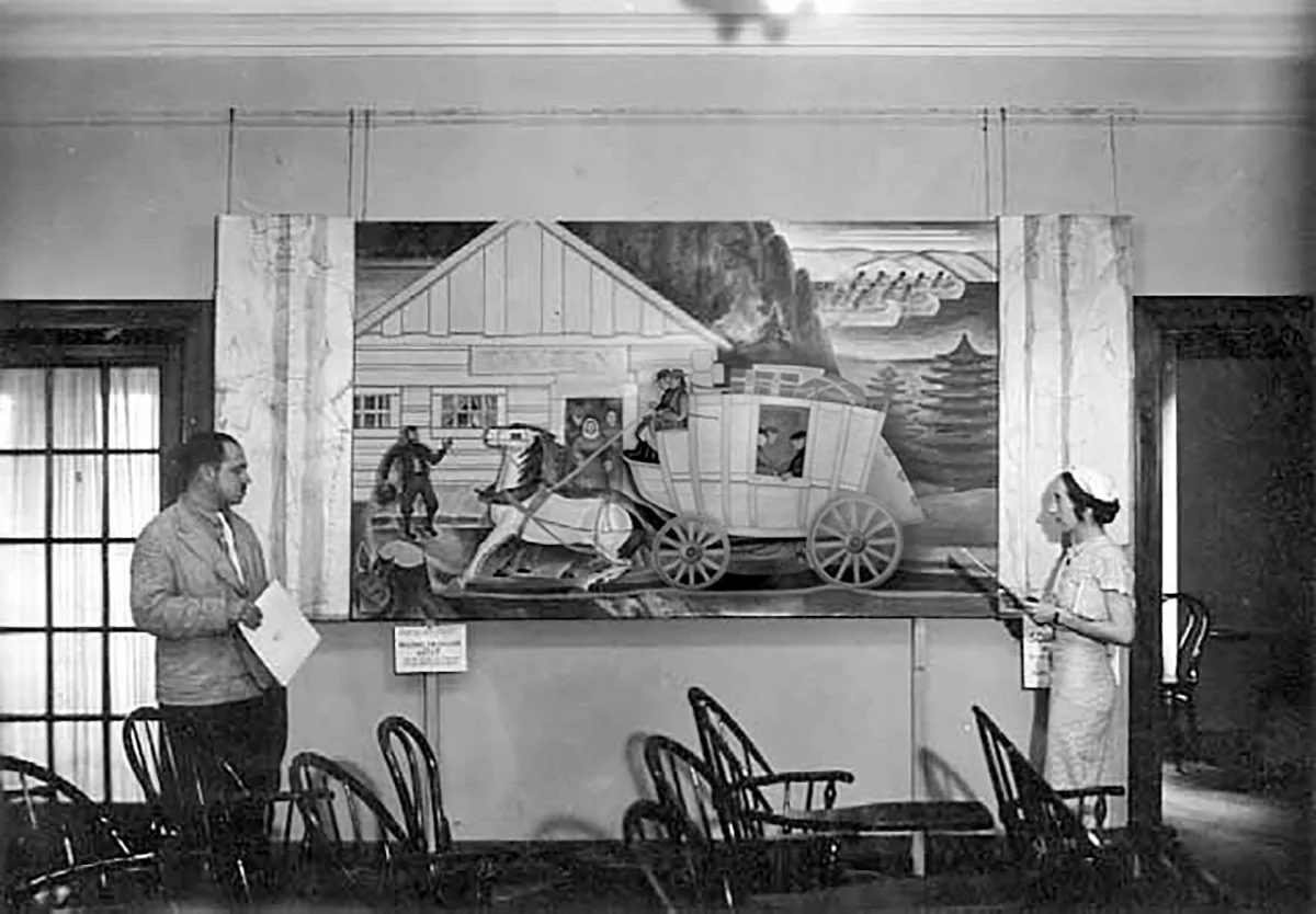 WPA artist Elsa Jemne with the mural completed for the “Brandon Community House”